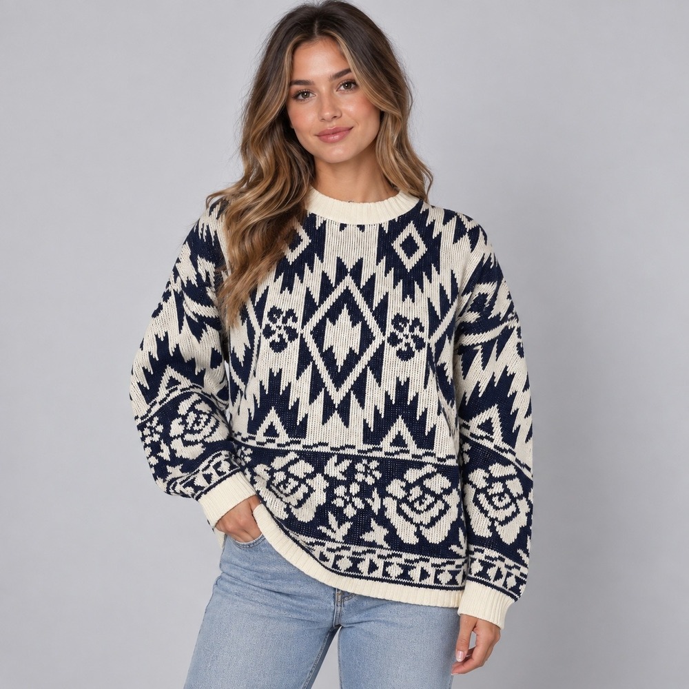 Vintage Cabin Creek Sweater Women M Navy White Geometric Floral Cotton Knit USA